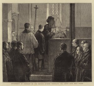 Begrafenis van Napoleon III, de keizerin Eugenie besprenkelt de kist met wijwater