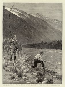 Het bezoek van de Duitse keizer aan Noorwegen, zijn eerste zalm vissend in de Olden-rivier