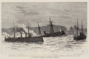 Het zinken van het rebellen schip Blanco Encalada door de regeringstorpedobootjagers Almirante Lynch en Almirante Condell, in de haven van Caldera