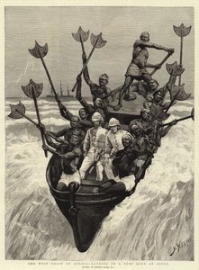 De Westkust van Afrika, landing in een Brandingboot bij Accra door Joseph Nash
