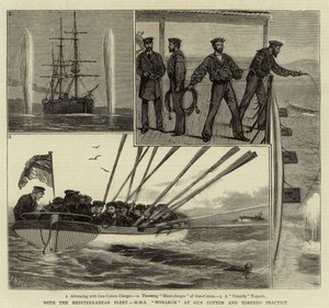 Met de Middellandse Zeevloot, H.M.S. Monarch bij kruit- en torpedopraktijk door Joseph Nash