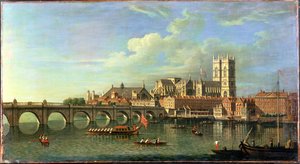 Een uitzicht op Westminster met de koninklijke sloep en andere schepen door Joseph Nicholls