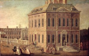 Uitzicht op Ranelagh House en Tuinen, en het Chelsea Hospital, met figuren die op de voorgrond wandelen