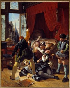 Oorlog van religie: Scene de la Saint Barthelemy, moord op Briou, gouverneur van de Prins van Conti, 24/08/1572 door Joseph Nicolas Robert Fleury