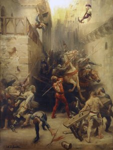 De zak van Beziers in 1209: De inwoners van Beziers proberen de binnenkomst van de soldaten van het Franse leger in de stad te voorkomen