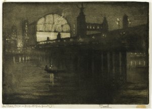 Charing Cross bij nacht door Joseph Pennell