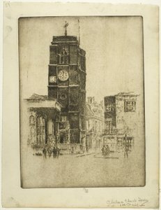 Chelsea kerktoren door Joseph Pennell
