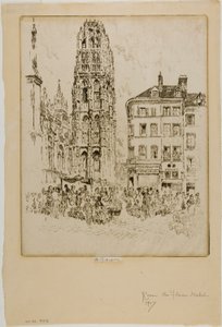 Bloemenmarkt en Boter Toren, Rouen door Joseph Pennell