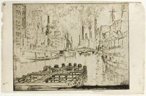Stoomschepen op het meer, Chicago door Joseph Pennell