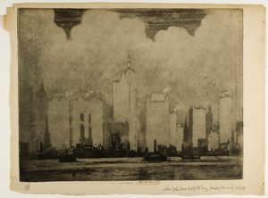 N.Y. vanaf 23e ferry - in de mist van een ochtend door Joseph Pennell