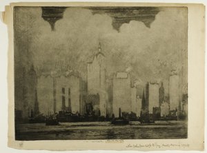 N.Y. vanaf 23e ferry - in de mist van een ochtend door Joseph Pennell