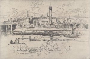 Shot Tower tussen de bruggen door Joseph Pennell