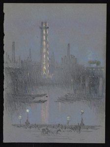 Shot Tower met nachtlichten, vanaf Embankment door Joseph Pennell