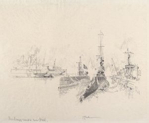 Onderzeeërs in de haven, 1917 door Joseph Pennell