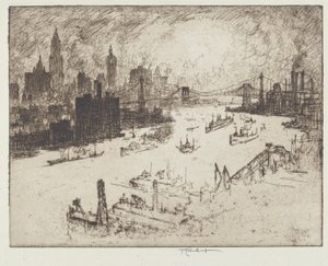 Zonsondergang, vanaf Williamsburg Bridge door Joseph Pennell