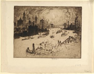 Zonsondergang vanaf Williamsburg Bridge door Joseph Pennell