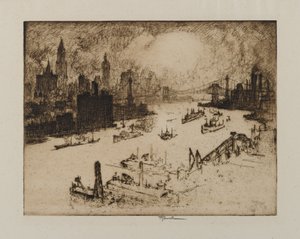 Zonsondergang vanaf Williamsburg Bridge, 1915 door Joseph Pennell