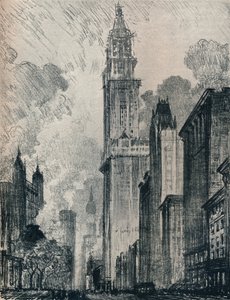 De Broadway en het Woolworth Building, New York, 1912 door Joseph Pennell