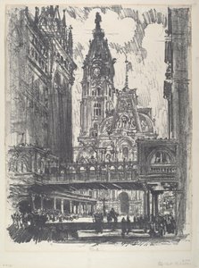 Het stadhuis en de brug over Market Street door Joseph Pennell