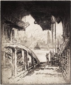 Het veerhuis; De Cortland Street Ferry vanaf de Jersey City Side, 1919 door Joseph Pennell