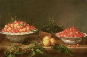 Stilleven met fruit in porseleinen schalen en een houten doos