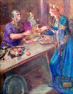Schenkt aan elke krijger wijn uit de Gouden Beker (kleurenlitho)