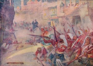 Britse soldaten vechten zich een weg door de straten, 1908, ca. 1920 door Joseph Ratcliffe Skelton