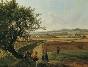 Gezicht op het landgoed Emmersdorf en kasteel Rothenhof met abdij Melk op de achtergrond