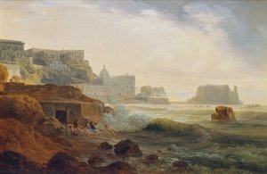 Kust bij Napels met kasteel en vissers die netten binnenhalen door Joseph Rebell
