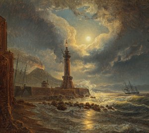 Vuurtoren in de haven van Napels bij maanlicht
