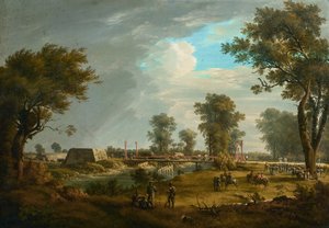 Scène uit de Napoleontische oorlogen: Brug in de Lobau met Franse infanterie door Joseph Rebell