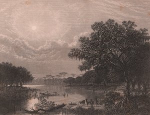 Louisiana Bayou, Verenigde Staten, staalgravure door Robert Hinshelwood naar schilderij van Joseph Rusling Meeker, circa 16x18 cm door Joseph Rusling Meeker