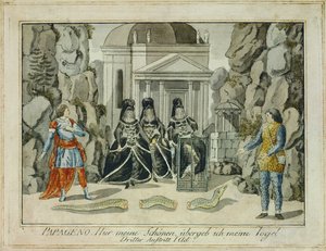 Tamino en Papageno met de drie dames ... (gravure) door Joseph Schaffer