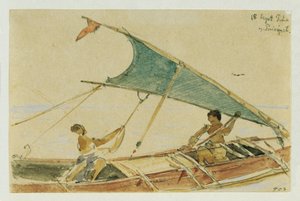 Boot voor het eiland Puinipet (Ponape), Caroline-eilanden door Joseph Selleny