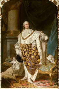 Portret van de koning van Frankrijk Lodewijk XVI in kroningskostuum (1754-1793) Hij draagt de ketting van de Orde van de Heilige Geest - Schilderij uit het Atelier van Joseph Siffred Duplessis (1725-1802) door Joseph Siffred Duplessis