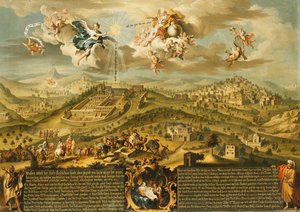 Een Uitzicht op Bethlehem met de Reis van de Wijzen, de Drie-eenheid Boven en de Geboorte in een Geschilderde Cartouche Onder, 1752 door Joseph Stephan