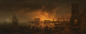 Brand in een zeehaven bij nacht, 1748