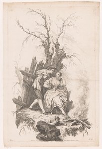 Man en vrouw met hond bij een vuur door Joseph Wagner (possibly)