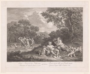 Landschap met Bacchus en dansende saters en maenaden door Joseph Wagner