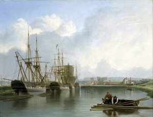 Beschrijving van de dokken in Bristol (Engeland), met Indiamanschepen die handelen en Amerikaans hout vervoeren, en ladingen hout die op het water drijven met twee mannen in een boot die ze verzamelen met haak en gaffel