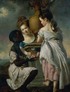 Een gesprek tussen meisjes, of Twee meisjes met hun zwarte dienaar, 1770 door Joseph Wright of Derby