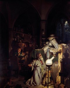 Alchemist die probeert de filosofische steen te ontdekken