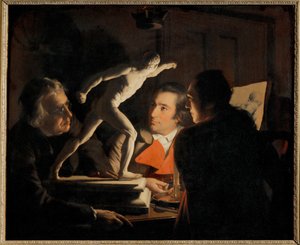 In het licht van een kaars bestuderen drie mannen een kleine ... (schilderij op doek) door Joseph Wright of Derby