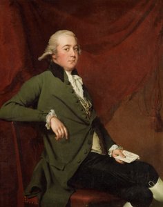 Portret van Edward Abney, zittend driekwart lengte, in een groene jas, een brief vasthoudend tegen een rode gordijn, laat 1780s door Joseph Wright of Derby