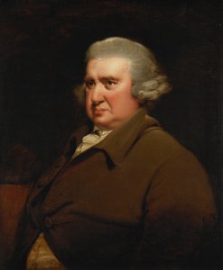 Portret van Erasmus Darwin, halve lengte, in een buffeljas en wit shirt door Joseph Wright of Derby