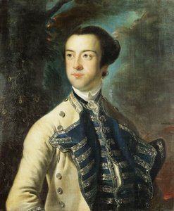 Portret van Thomas Hanway, Halflang, in een Beige Jas met Blauwe en Zilveren Afwerkingen, en een Blauwe en Zilveren Vest, een Hoed Onder Zijn Arm Houdend, in een Landschap
