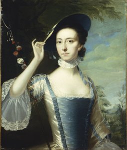 Portret van een dame bij een bloemenkrans, in een landschap