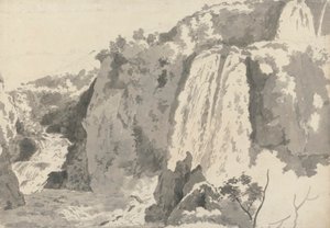 Rotsachtig landschap met watervallen door Joseph Wright of Derby