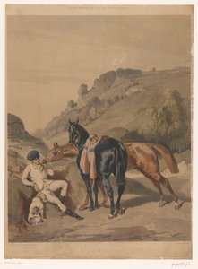 Twee paarden met rustende ruiter in een landschap