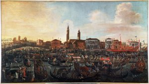 Feest van de fresco op de dag van de Hemelvaart in Murano, Venetië. Abdij van San Cipriano rechts en kerk Santo Stefano in het midden, vandaag verdwenen. door Joseph the younger Heintz